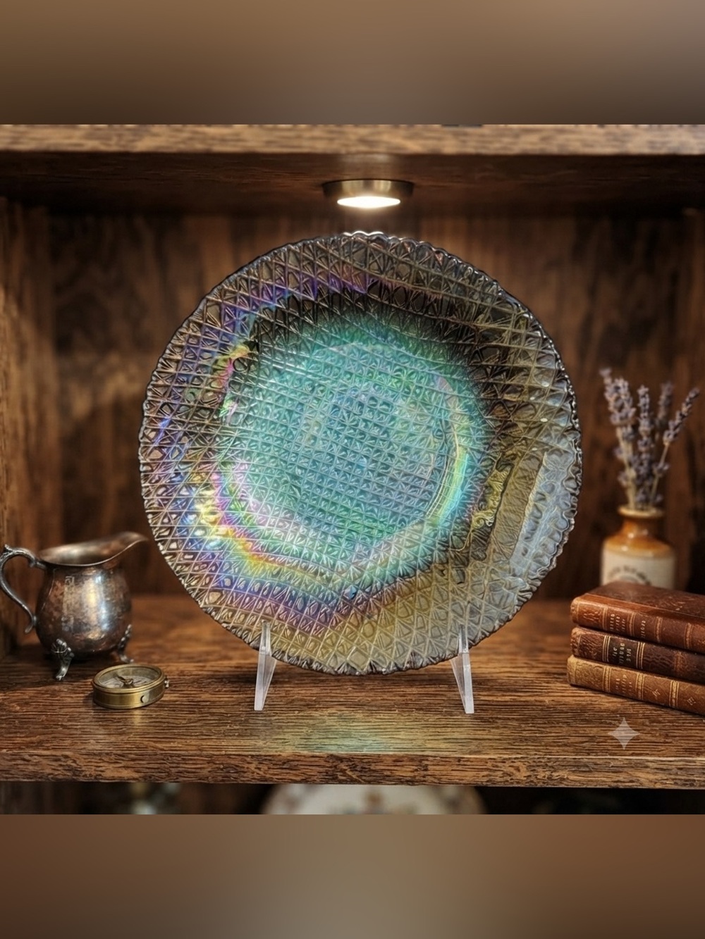 Art Glass Turkish Round Iridescent Multicolored Waffle Bowl 8.5”